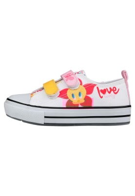 Unisex Kids Vegan Velcro White Sneakers - Warner Bros Looney Tunes Love Tweety Design - Thumbnail (1)