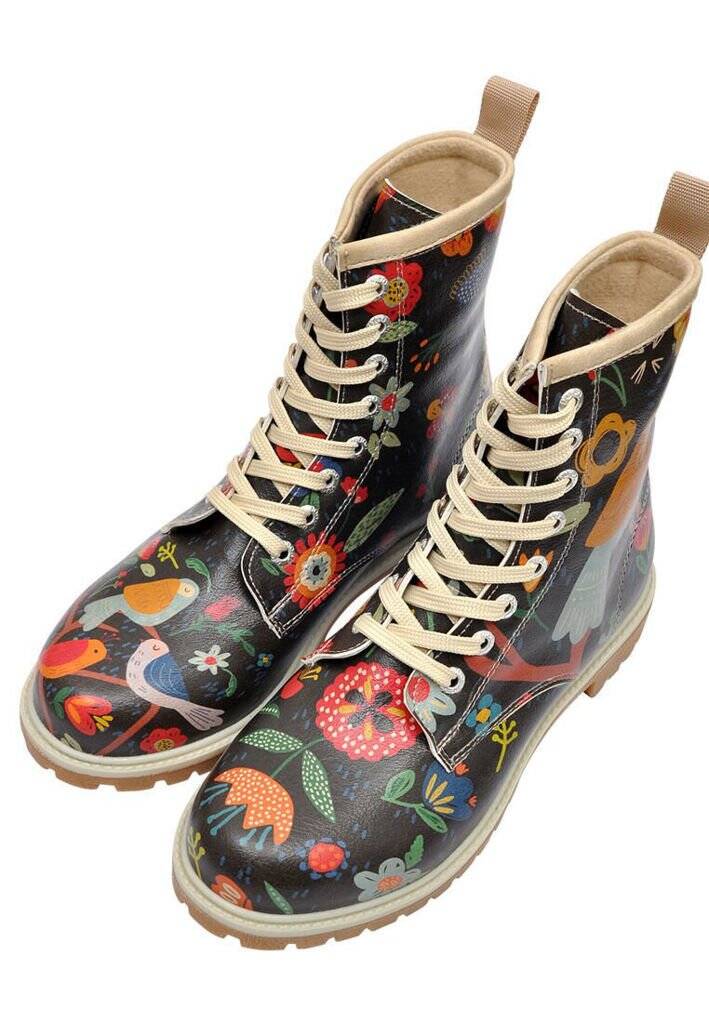Women Vegan Leather Black Long Boots - Flowers and Birds Design | DOGO Store