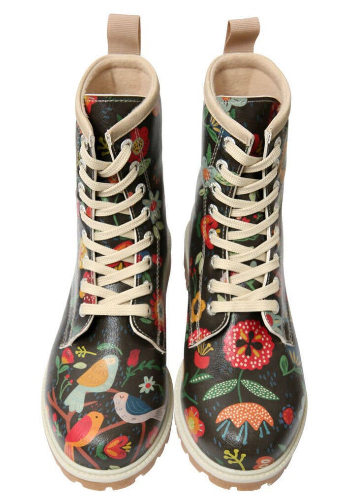 Women Vegan Leather Black Long Boots - Flowers and Birds Design | DOGO Store