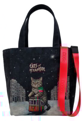 Women Vegan Black Large Tote Bag - Paws on Taksim Design - Thumbnail (1)
