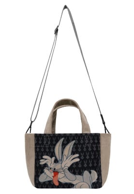 Women Vegan Black Medium Tote Bag - Warner Bros Bugs Bunny Playful Bugs Design - Thumbnail (1)