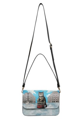 Women Vegan Leather Blue Purse - Paws on Taksim Design - Thumbnail (1)