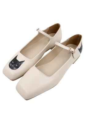 Dogo - Women Vegan Leather Beige Ballerinas - Whiskers and Purrs Design