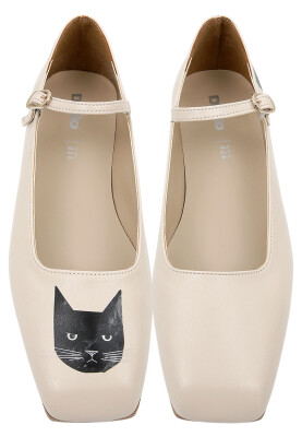 Women Vegan Leather Beige Ballerinas - Whiskers and Purrs Design - Thumbnail (1)