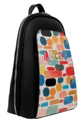 Women Vegan Leather Black Backpack - Abstract Design - Thumbnail (1)