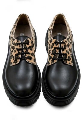 Women Vegan Leather Black Sneakers - Black Leo Design - Thumbnail (1)