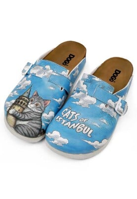 Women Vegan Leather Blue Slippers - Galata Cat Design - Thumbnail (1)