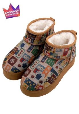 Dogo - Women Vegan Leather Brown Plush Lined Ankle Boots - Anatolian Patterns Design