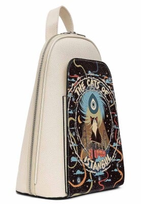 Women Vegan Leather Cream Backpack - The Cats of Istanbul Design - Thumbnail (1)