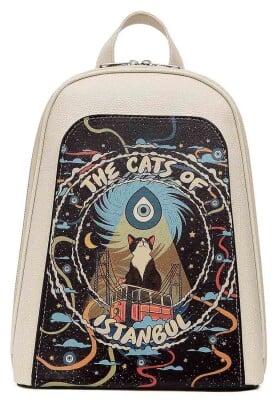 Dogo - Women Vegan Leather Cream Backpack - The Cats of Istanbul Design