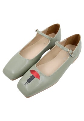 Women Vegan Leather Green Ballerinas - Under My Umbrella Design - Thumbnail (1)