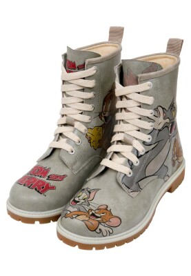 Dogo - Women Vegan Leather Grey Long Boots - Warner Bros Looney Tunes Tom ve Jerry Tiny Trouble Design