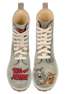 Women Vegan Leather Grey Long Boots - Warner Bros Looney Tunes Tom ve Jerry Tiny Trouble Design - Thumbnail (1)