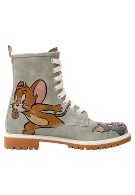 Women Vegan Leather Grey Long Boots - Warner Bros Looney Tunes Tom ve Jerry Tiny Trouble Design - Thumbnail (1)