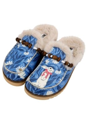 Dogo - Women Vegan Leather Blue Plush Lined Slippers - Bunny Bloom Design