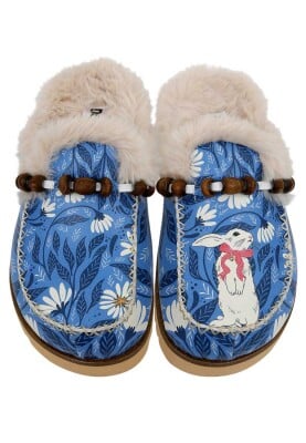 Women Vegan Leather Blue Plush Lined Slippers - Bunny Bloom Design - Thumbnail (1)