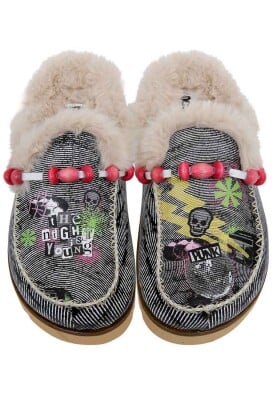 Women Vegan Leather Cream Plush Lined Slippers - The Night is Young Design - Thumbnail (1)