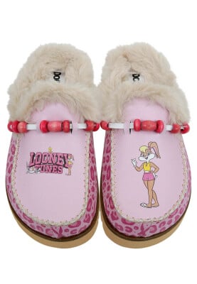 Women Vegan Leather Pink Plush Lined Slippers - Warner Bros Pink Leopard Lola Bunny Design - Thumbnail (1)