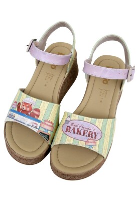 Women Vegan Leather Multicolor Wedge Sandals - Red Pandas Bakery Design - Thumbnail (1)