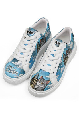 Women Vegan Leather White Sneakers - Galata Cat Design - Thumbnail (1)