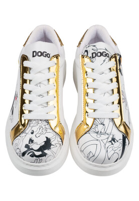 Women Vegan Leather White Sneakers - Warner Bros Bugs Bunny Looney Tunes Chasing Tunes Design - Thumbnail (1)