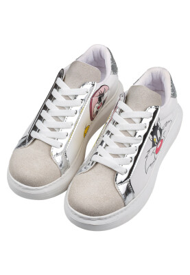Dogo - Women Vegan Leather White Sneakers - Warner Bros Tweety Sylvester Puddy Tat Design