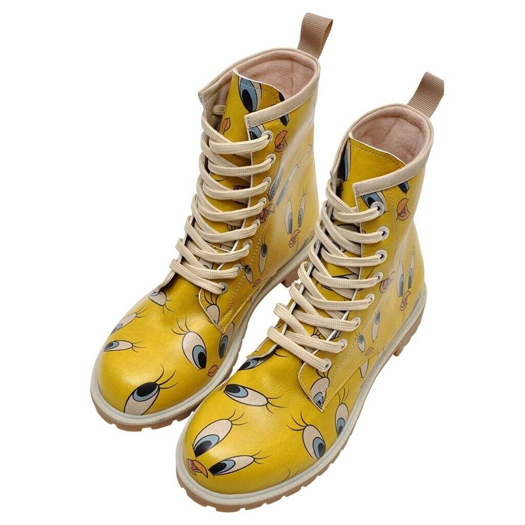 Women Vegan Leather Yellow Long Boots - Warner Bros Tweety in