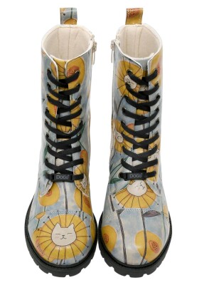 Women Vegan Leather Blue Zipper Long Boots - Cat Flower Design - Thumbnail (1)