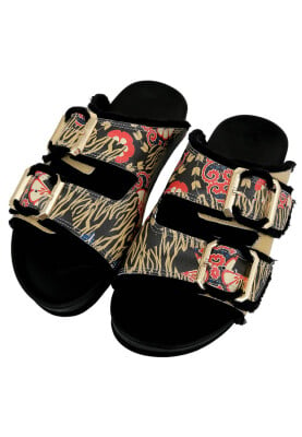 Women Vegan Orange Slippers - Ethnic Floral Design - Thumbnail (1)