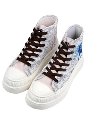 Women Vegan Beige Platform High Sneakers - Japanese Waves Design - Thumbnail (1)