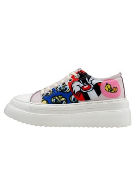 Dogo - Women Vegan White Platform Sneakers - Warner Bros Looney Tunes Tweety Sylvester Puddy Tat Design