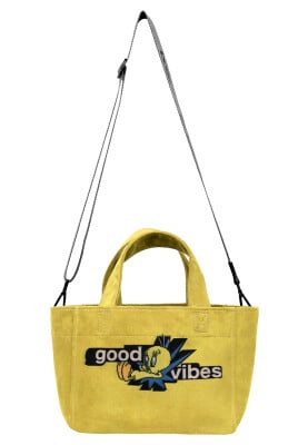 Women Vegan Yellow Medium Tote Bag - Warner Bros Tweety Good Vibes Only Design - Thumbnail (1)