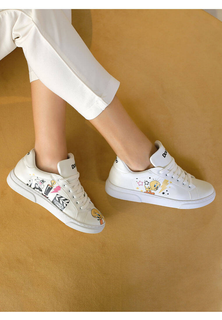 Women Vegan Leather White Sneakers - Best of Tweety and Sylvester Design |  DOGO Store